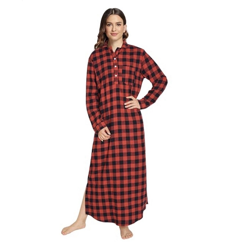 Latuza Buffalo Plaid Flannel Nightgown Dress Red Black Cotton Medium